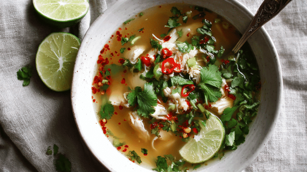 Bowl of lemongrass chicken soup with chili oil garnish