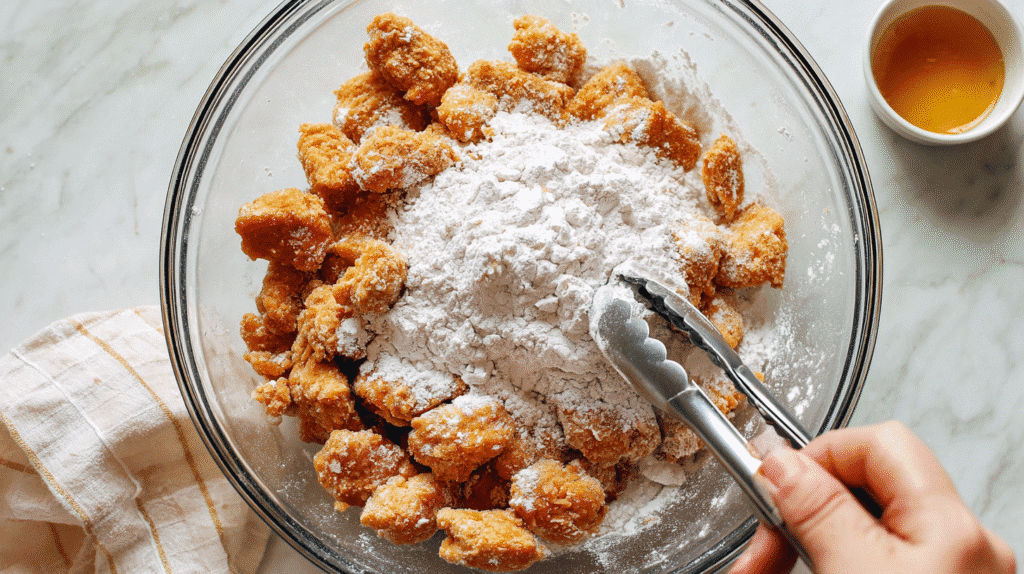Chicken bites being coated in cornstarch before cooking