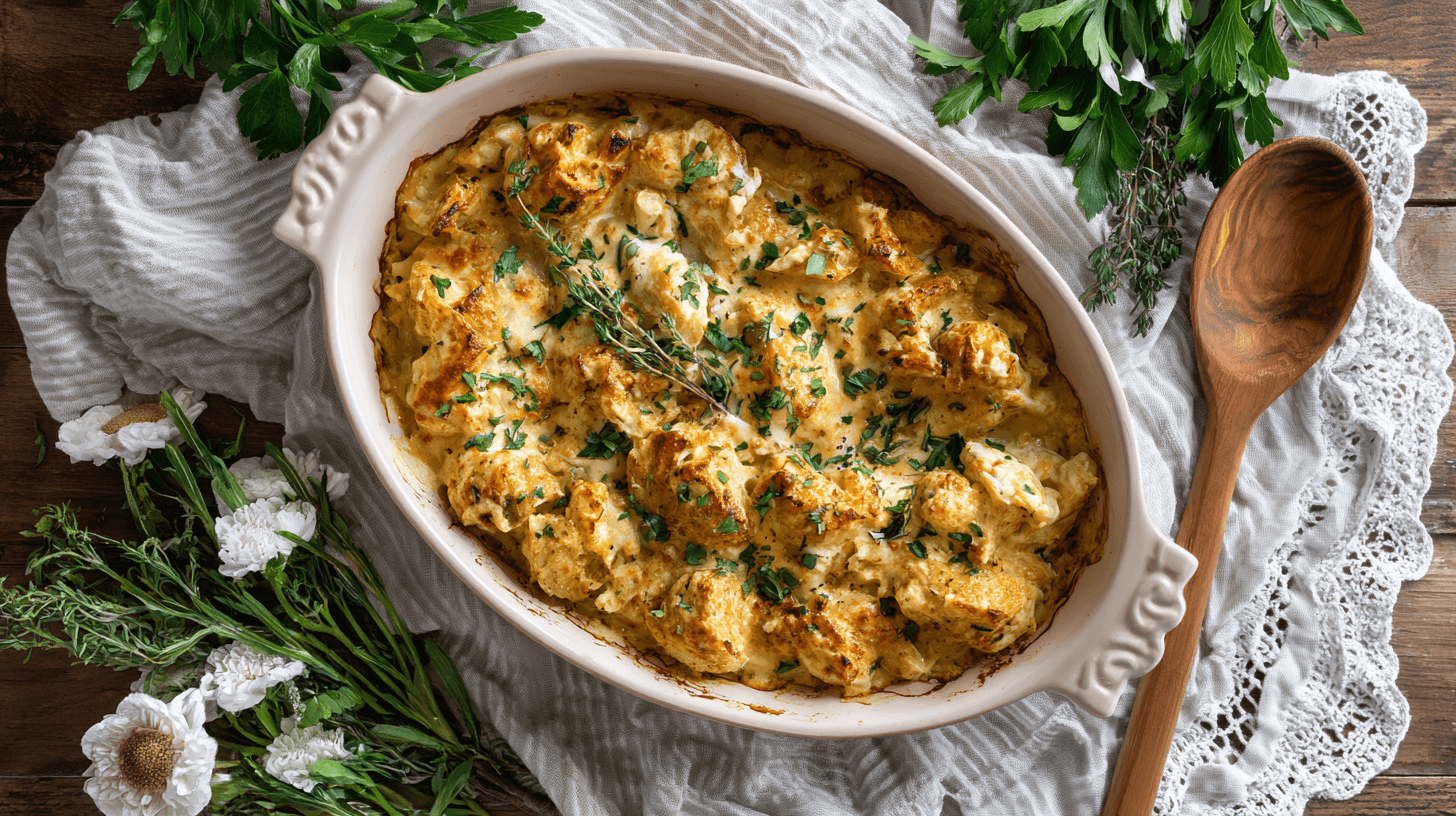 Neiman Marcus Chicken Casserole in baking dish