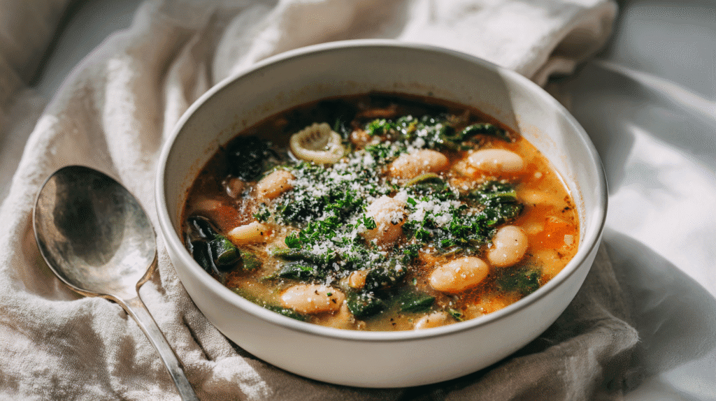 Served bowl of Italian-Style Comfort Soup with garnish
