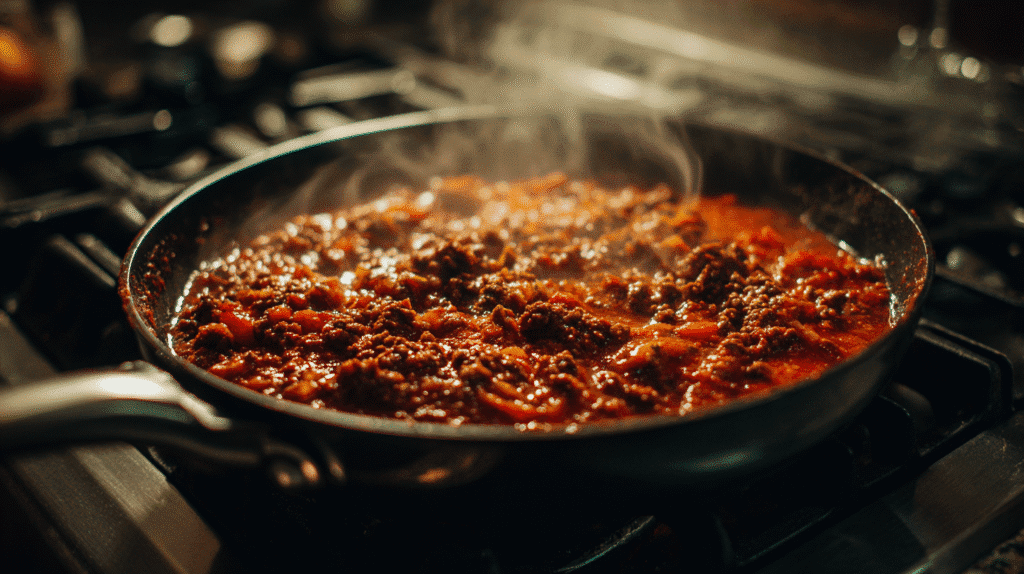 Cooking spicy beef sauce for ramen lasagna