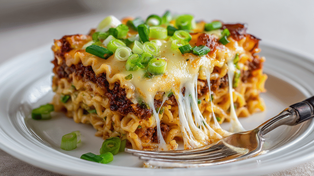 Sliced spicy ramen lasagna with cheese pull