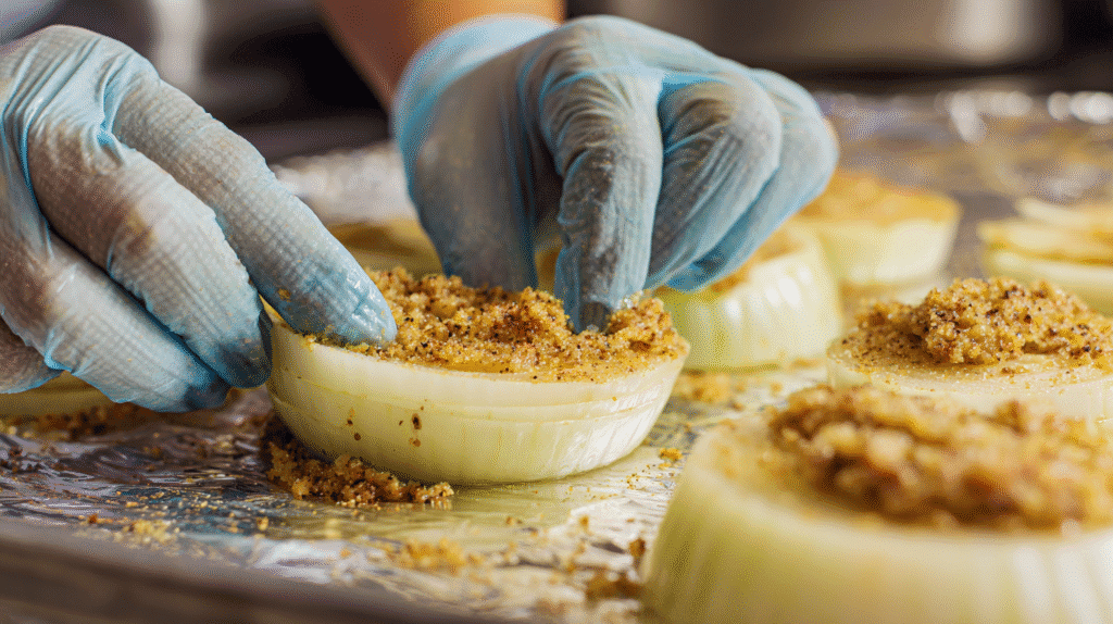 stuffing spice butter in onion boil