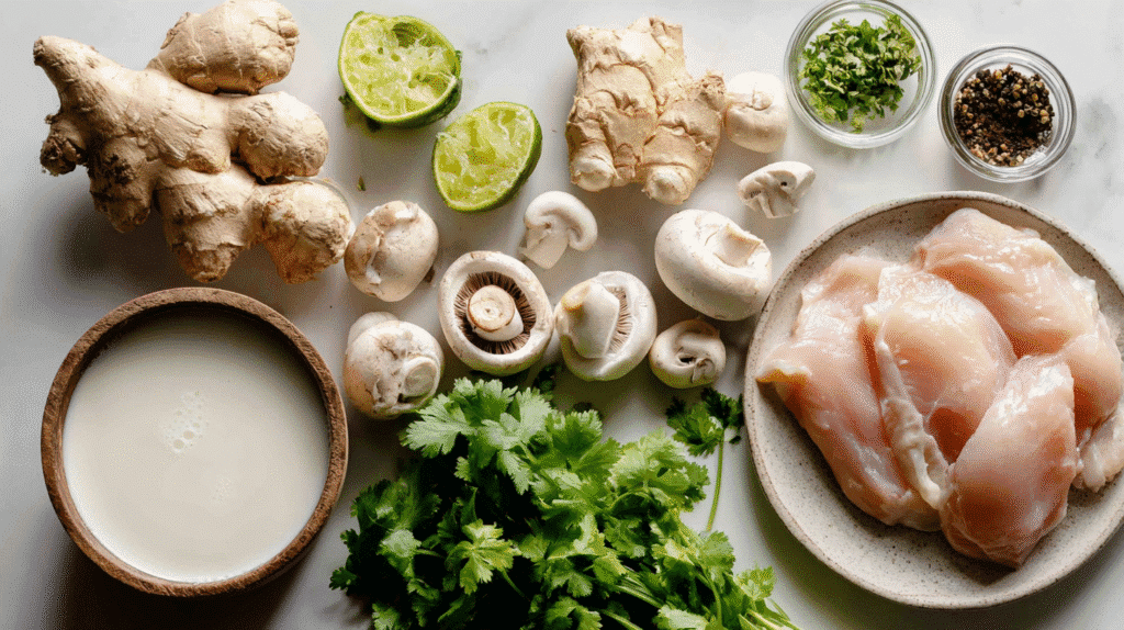 Ingredients for creamy coconut chicken soup on a white table