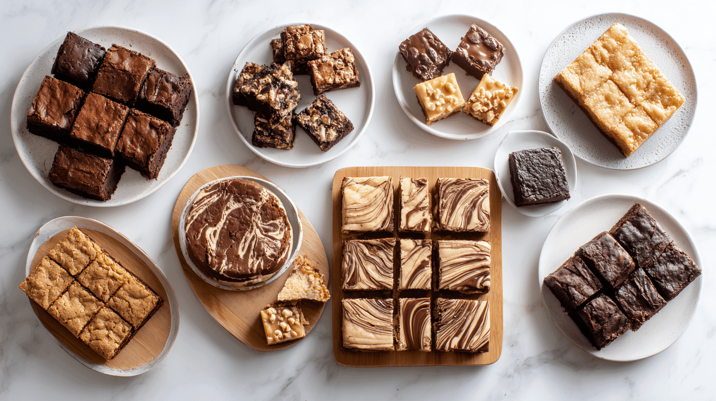 A collage of ten different eggless brownie varieties, including classic fudgy brownies, blondies, Nutella swirl, Oreo, peanut butter, and more, displayed on plates in a bright kitchen.