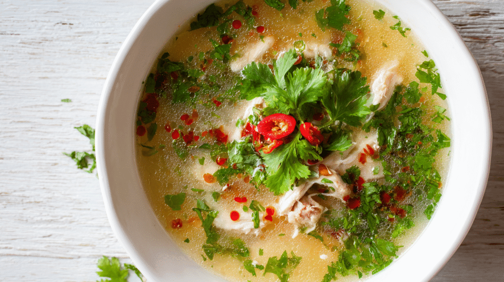 Lemongrass chicken soup with chili oil in white bowl