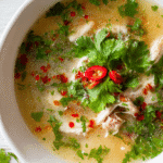 Lemongrass chicken soup with chili oil in white bowl