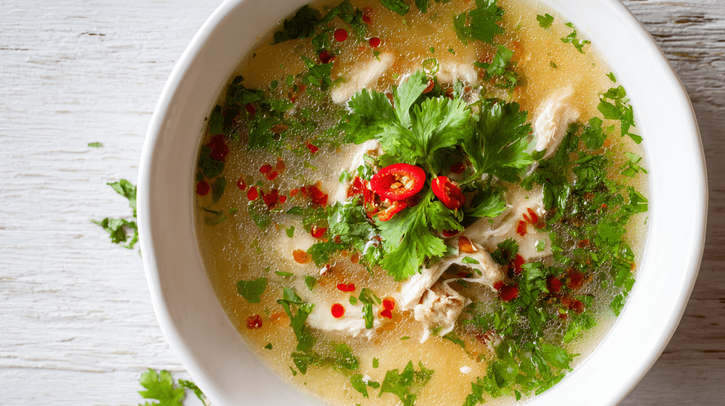 Lemongrass chicken soup with chili oil in white bowl