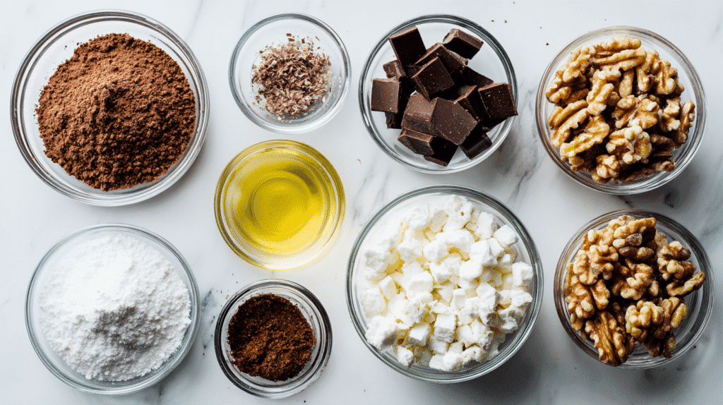 Ingredients for Eggless Chocolate Walnut Fudge in glass bowls