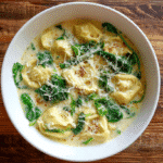 Bright creamy Parmesan Chicken Tortellini Soup in a white bowl