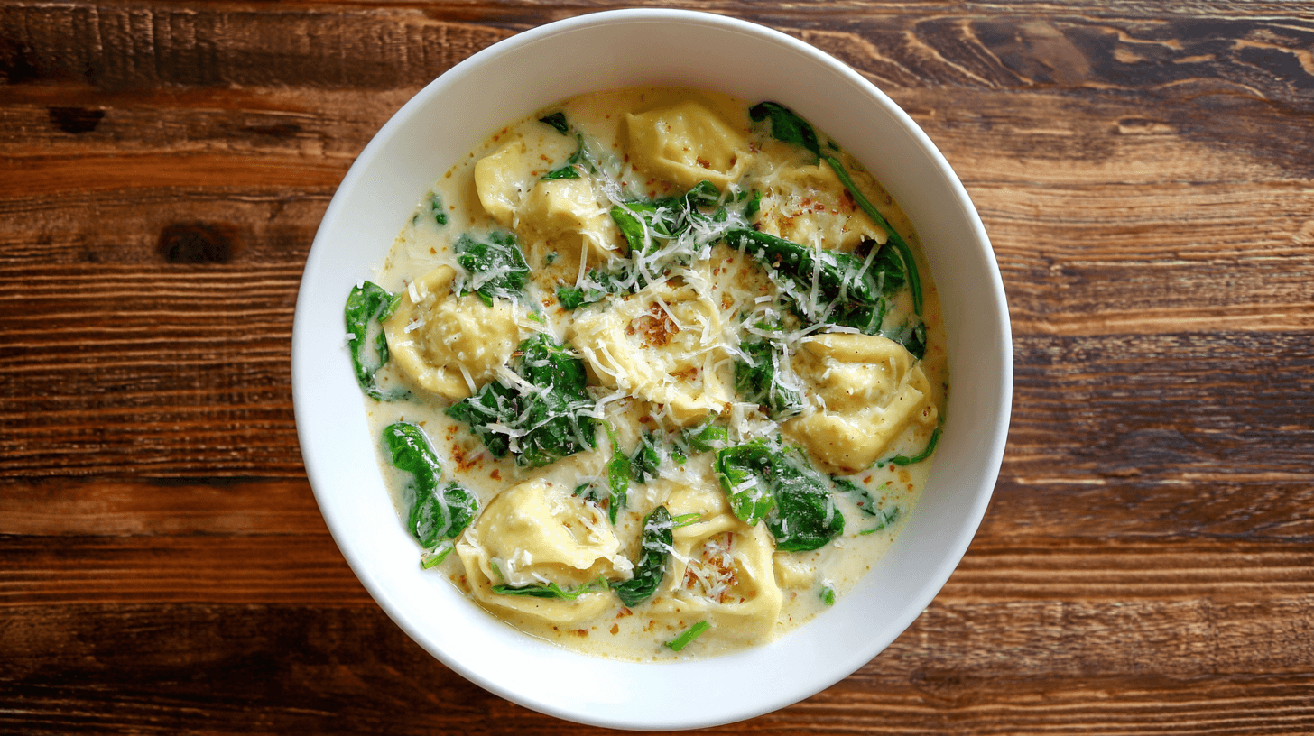 Bright creamy Parmesan Chicken Tortellini Soup in a white bowl