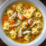Crockpot Chicken Tortellini Soup in white bowl with vegetables and tortellini