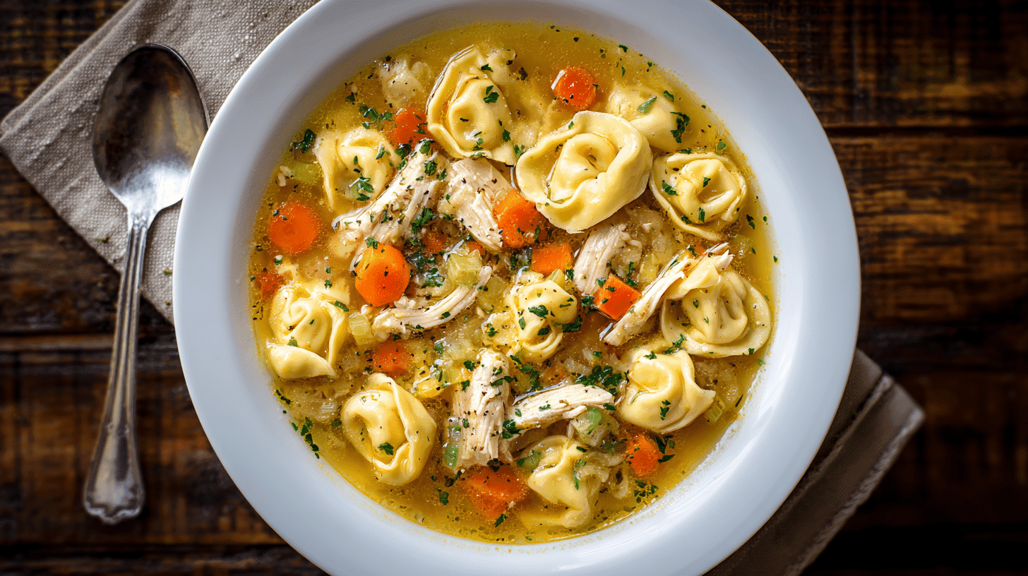 Crockpot Chicken Tortellini Soup in white bowl with vegetables and tortellini