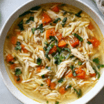 Italian chicken soup with fresh basil in a white bowl