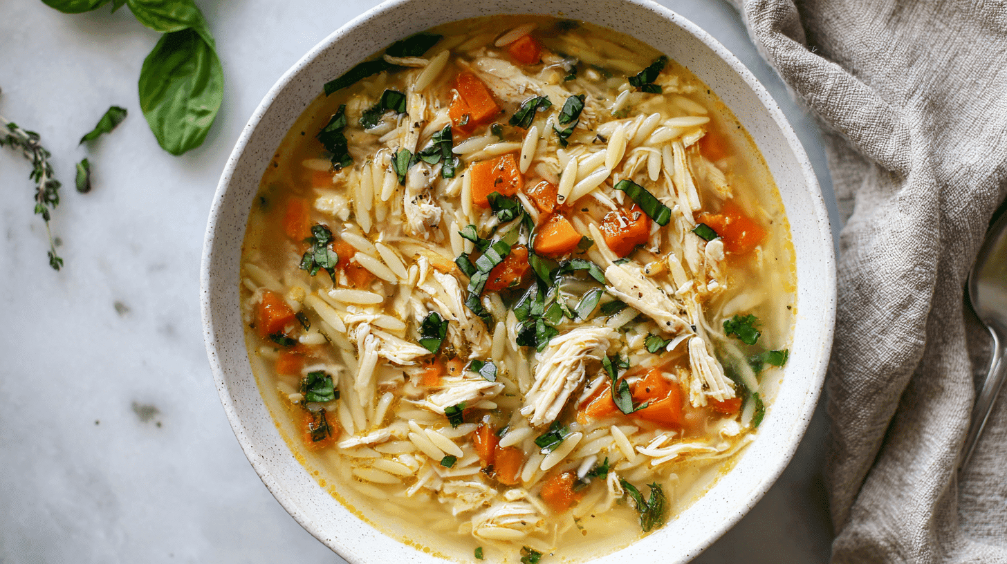 Italian chicken soup with fresh basil in a white bowl