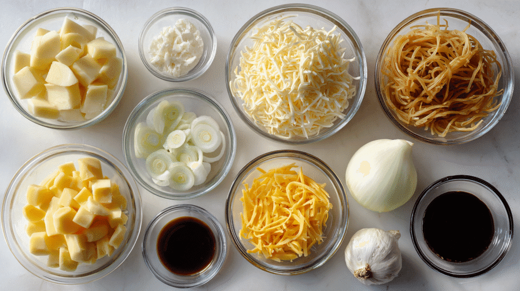 Ingredients for cheesy potato noodle stir-fry