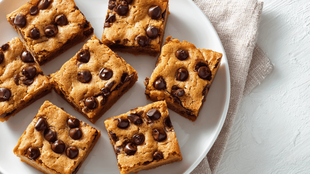 Soft and chewy eggless chocolate chip blondies cut into squares on a white plate.