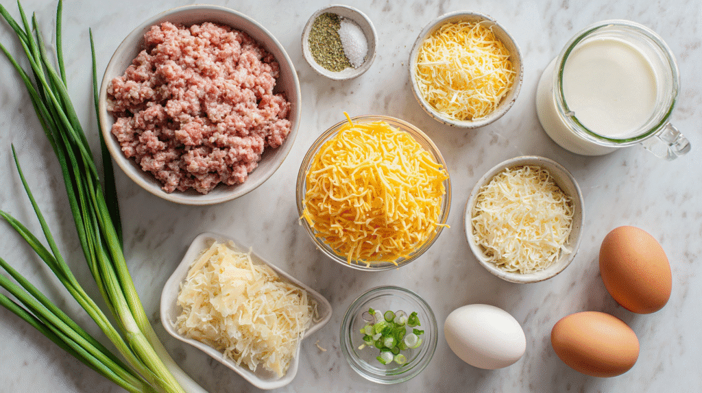 Ingredients for Loaded Ranch Sausage Casserole laid out on marble