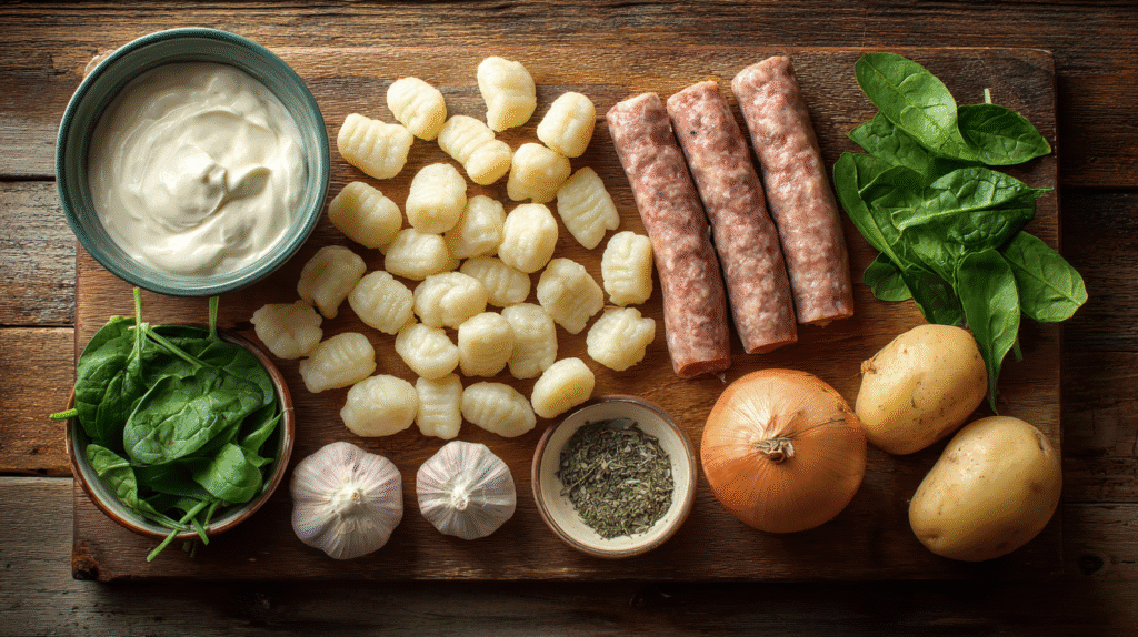Ingredients for Sausage & Potato Gnocchi Soup on a wooden surface