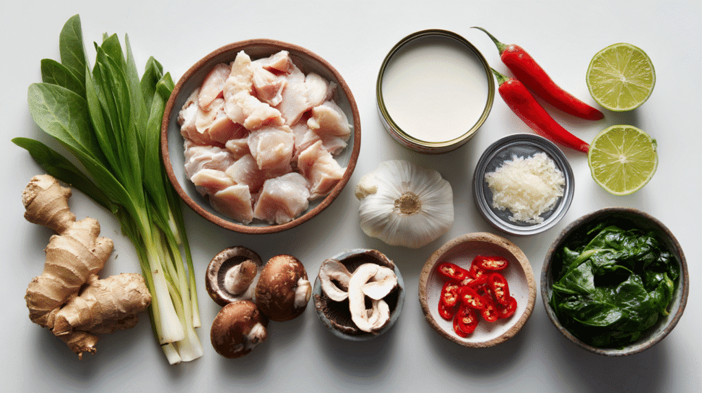 Ingredients for low-carb Thai chicken soup arranged on a white background