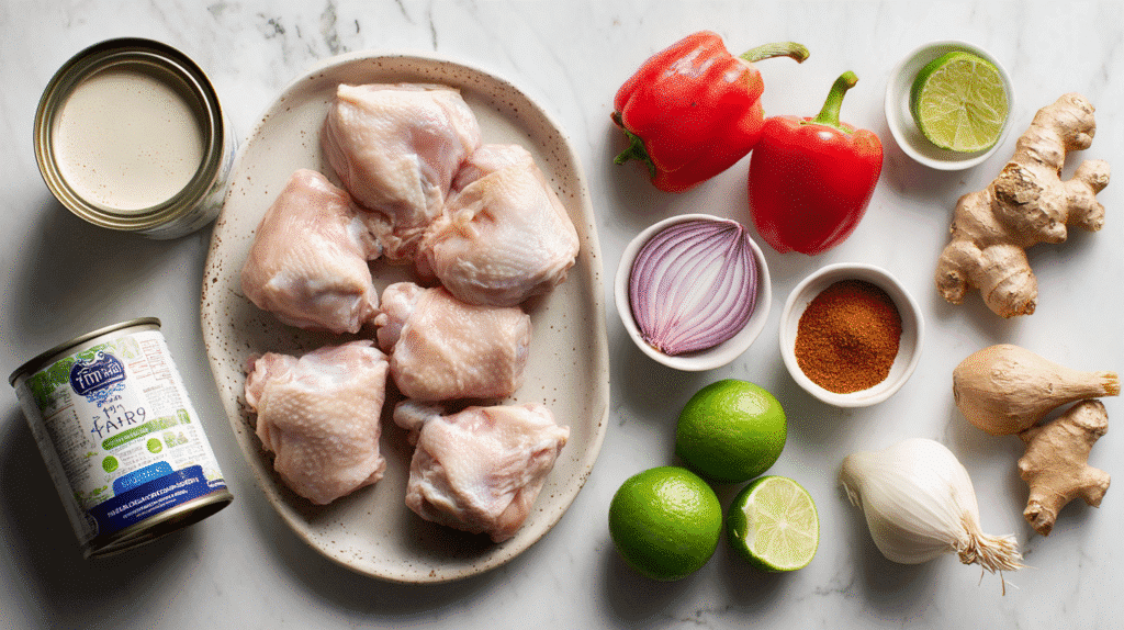 Thai Chicken Curry Soup ingredients on white counter