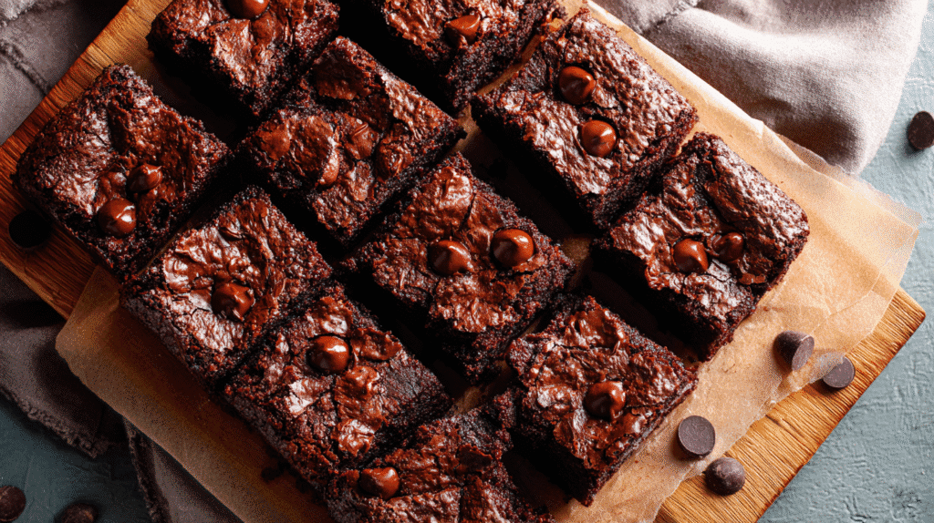 Rich vegan cocoa brownies cut into squares on parchment paper with melted chocolate chips.