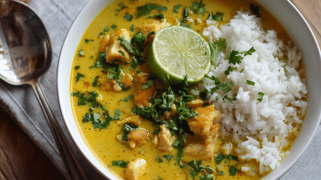 Bowl of turmeric chicken and coconut soup with cilantro garnish
