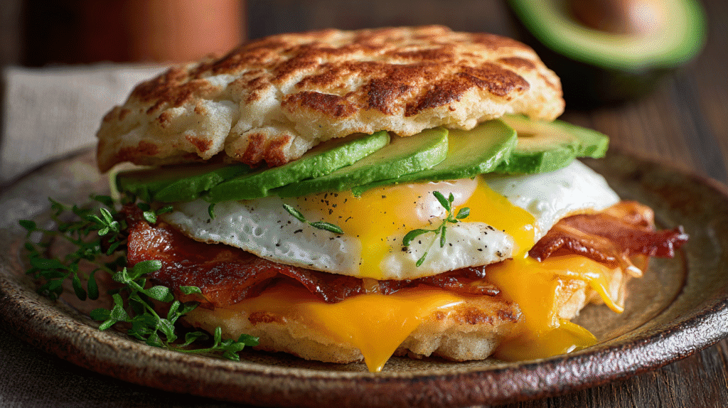 Cloud bread breakfast sandwich with egg, bacon, and avocado