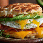 Cloud bread breakfast sandwich with egg, bacon, and avocado