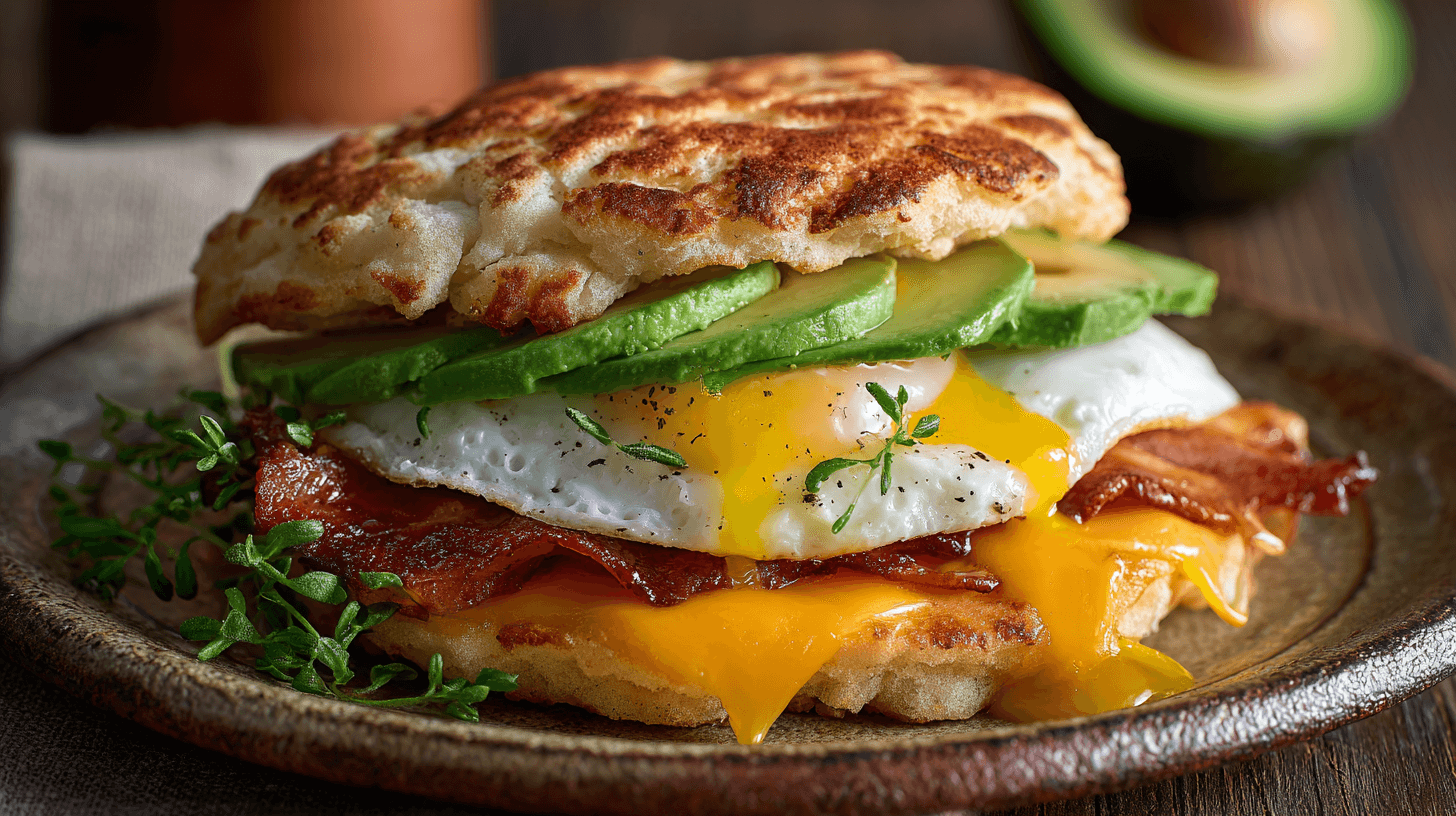 Cloud bread breakfast sandwich with egg, bacon, and avocado