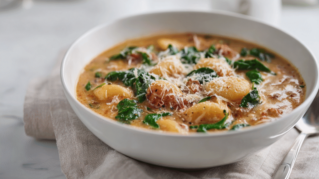 Served bowl of Parmesan Sausage Gnocchi Soup with spoon