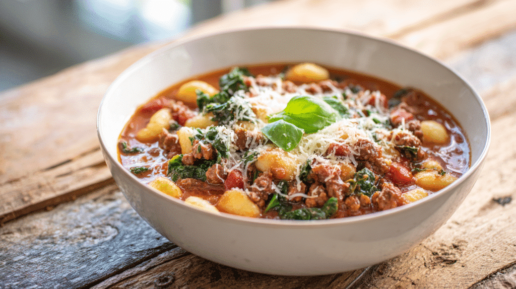 Served bowl of spicy sausage gnocchi soup with kale and parmesan