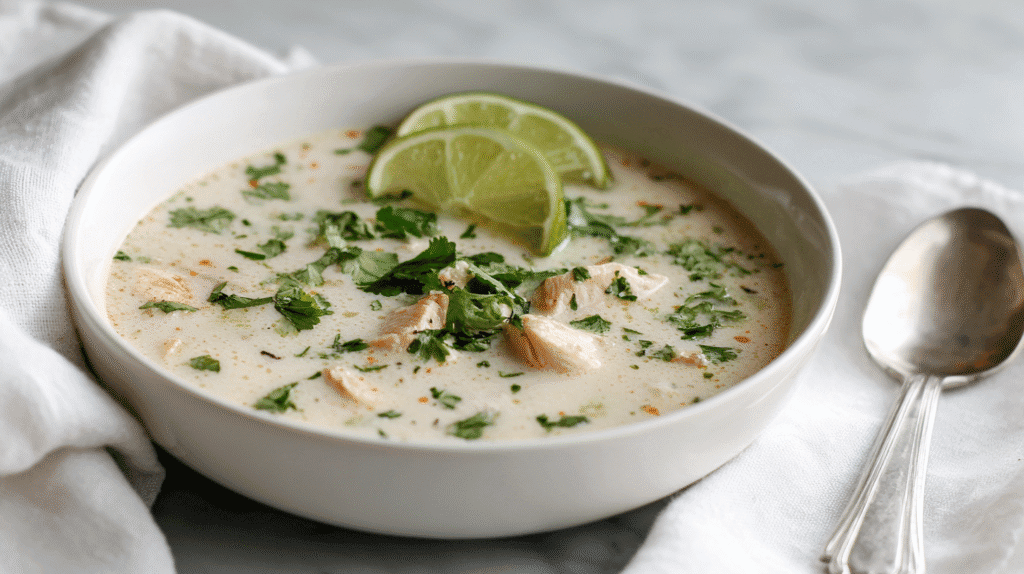 Served bowl of creamy coconut chicken soup with cilantro and lime