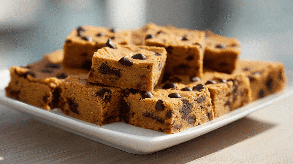 Sliced eggless peanut butter brownies on white plate