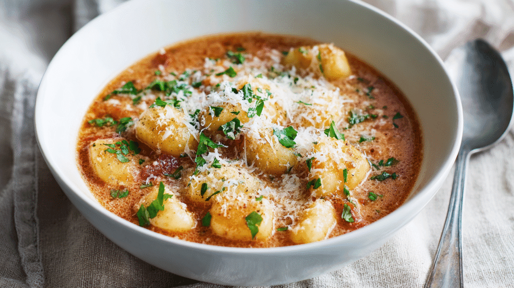 Served bowl of Rustic Italian Gnocchi Soup with parmesan