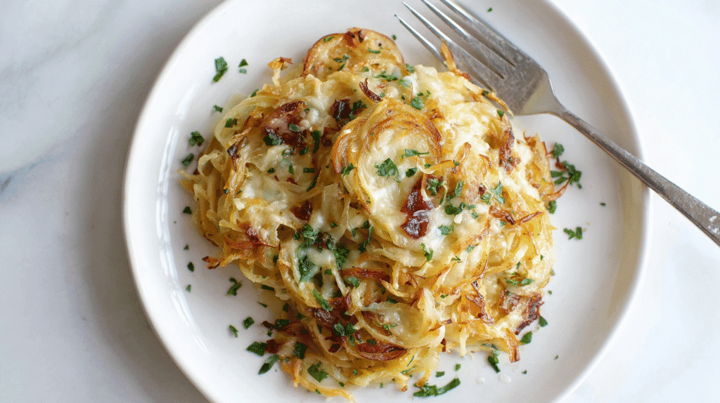 Served cheesy potato noodle stir-fry on white plate