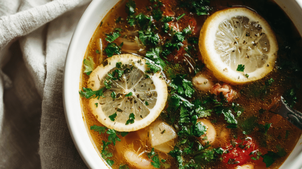 Bowl of Italian broth soup garnished with lemon and parsley