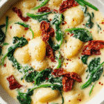 Close-up of Tuscan Gnocchi Soup with Italian Herbs in creamy broth