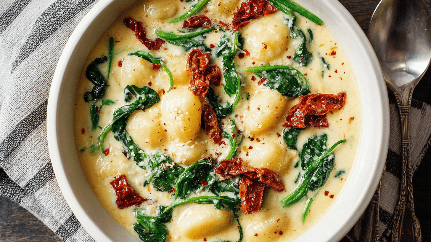 Close-up of Tuscan Gnocchi Soup with Italian Herbs in creamy broth
