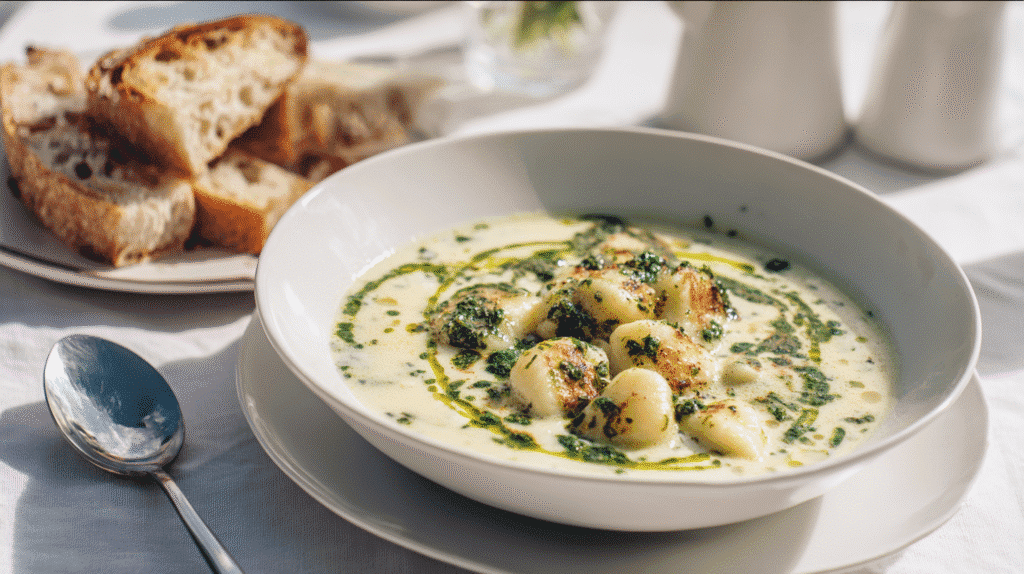 Creamy garlic gnocchi soup served with basil oil and bread