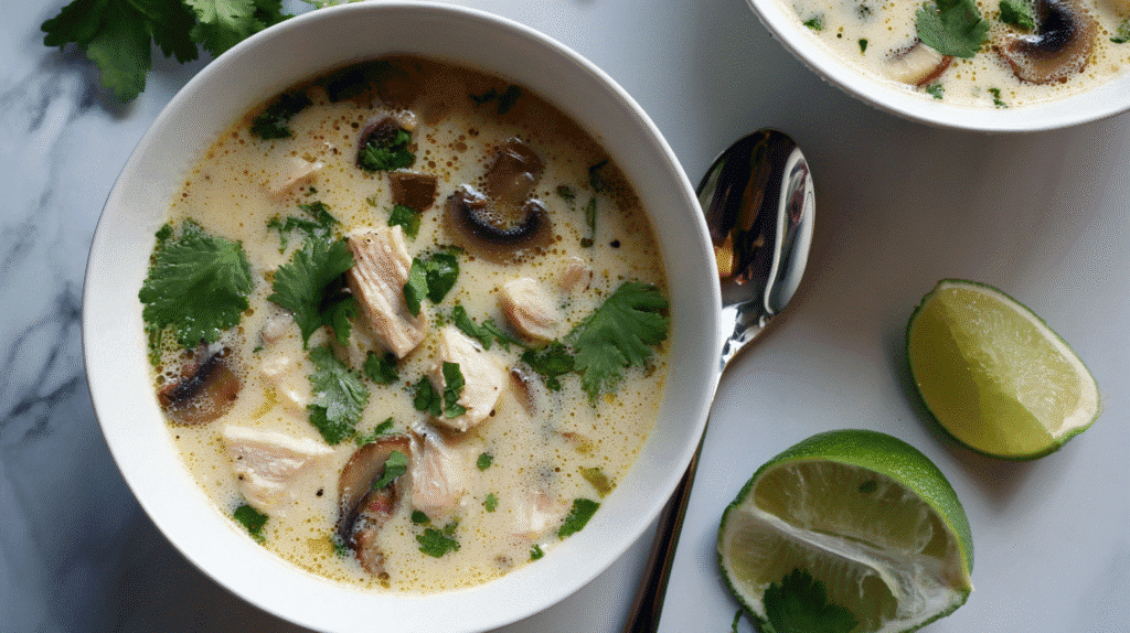 Thai Coconut Chicken Soup served with lime and fresh herbs