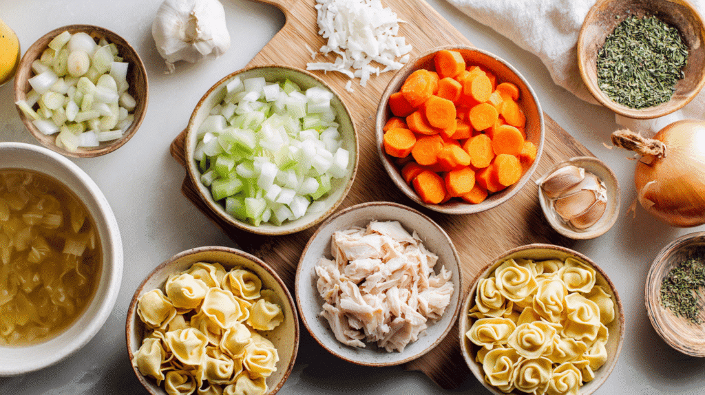 Ingredients for healthy chicken tortellini soup
