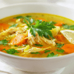 Ginger Turmeric Chicken Soup for Colds in white bowl with carrots and lemon