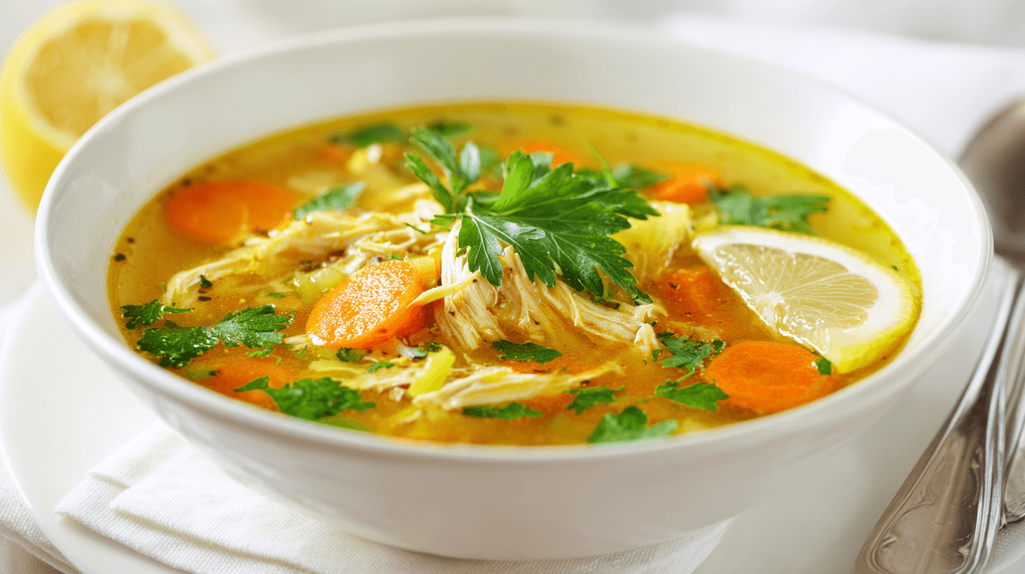 Ginger Turmeric Chicken Soup for Colds in white bowl with carrots and lemon