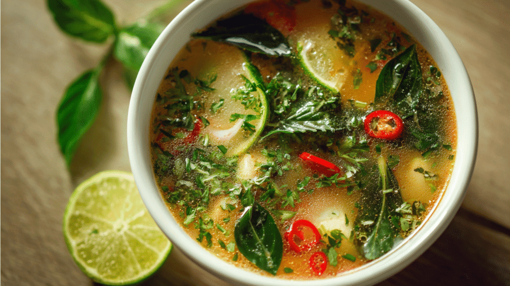 Ginger Lime Thai Soup for Cold Days in bright white bowl