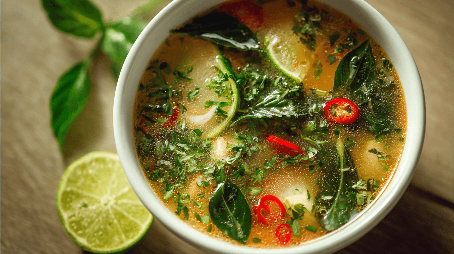 Ginger Lime Thai Soup for Cold Days in bright white bowl