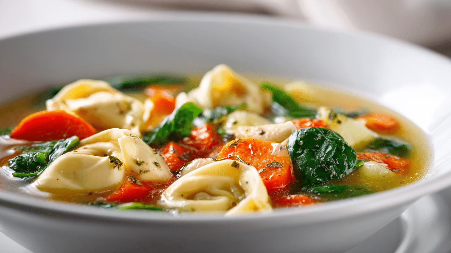 Healthy Chicken Tortellini Soup in a white bowl