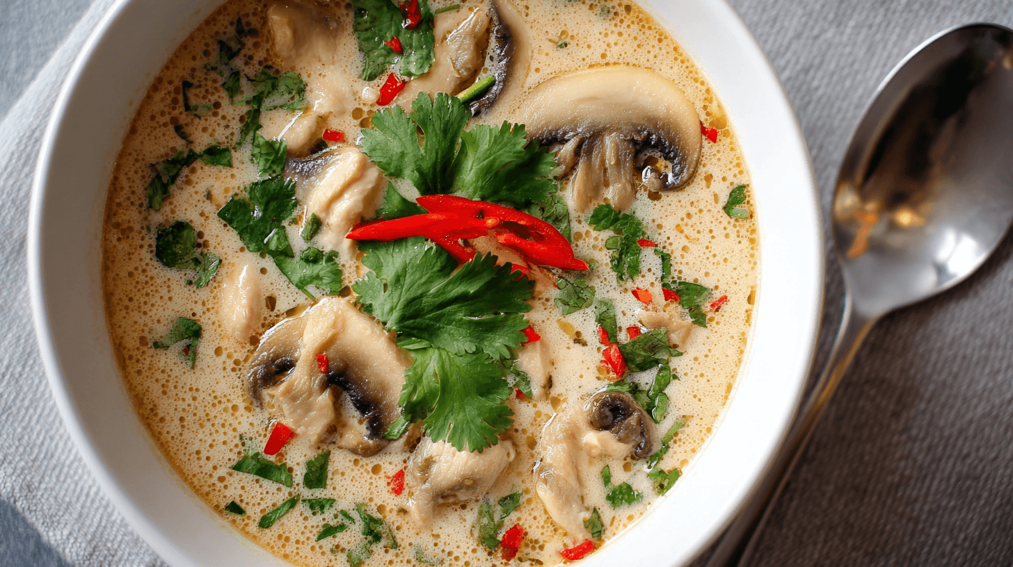 Thai Coconut Chicken Soup (Tom Kha Gai) in white bowl with fresh herbs