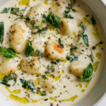 Creamy Garlic Gnocchi Soup with Basil Oil in white ceramic bowl