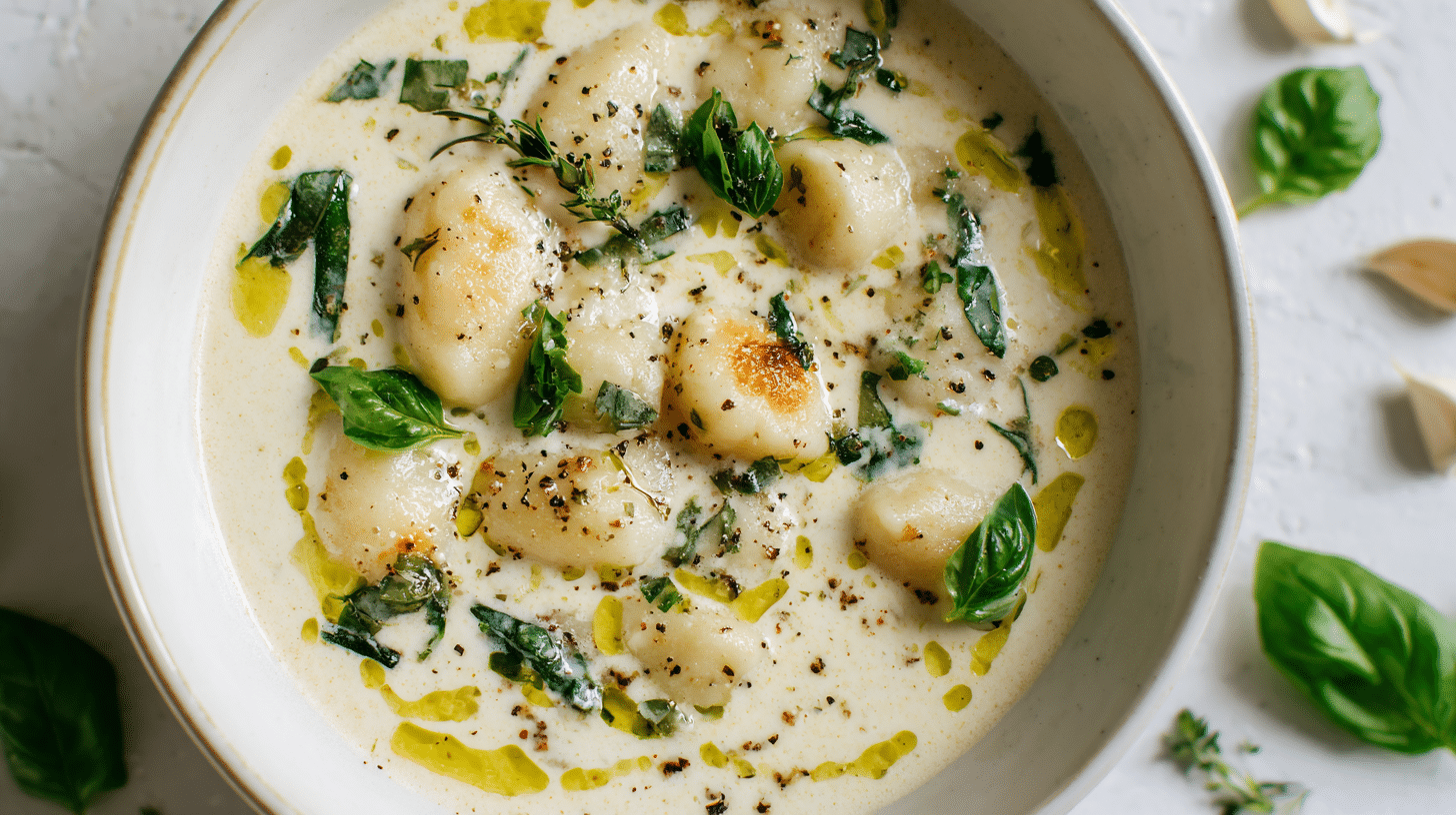 Creamy Garlic Gnocchi Soup with Basil Oil in white ceramic bowl